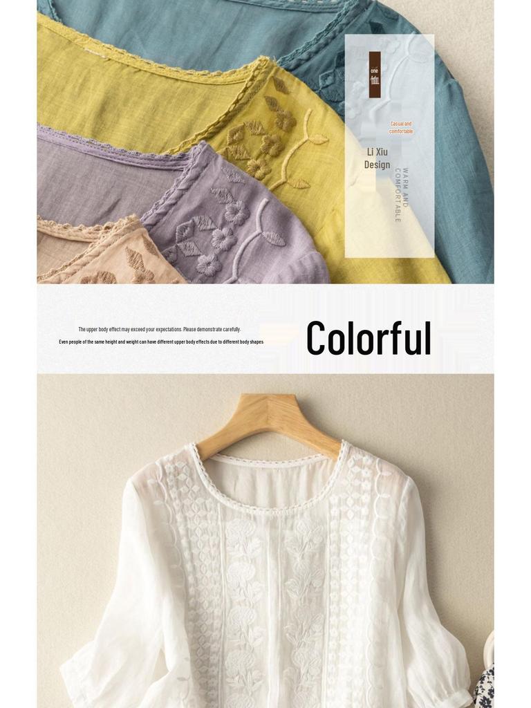 Southeast Asia Thin Noble Embroidery Women's Retro Cotton Linen Short Sleeve T-shirt