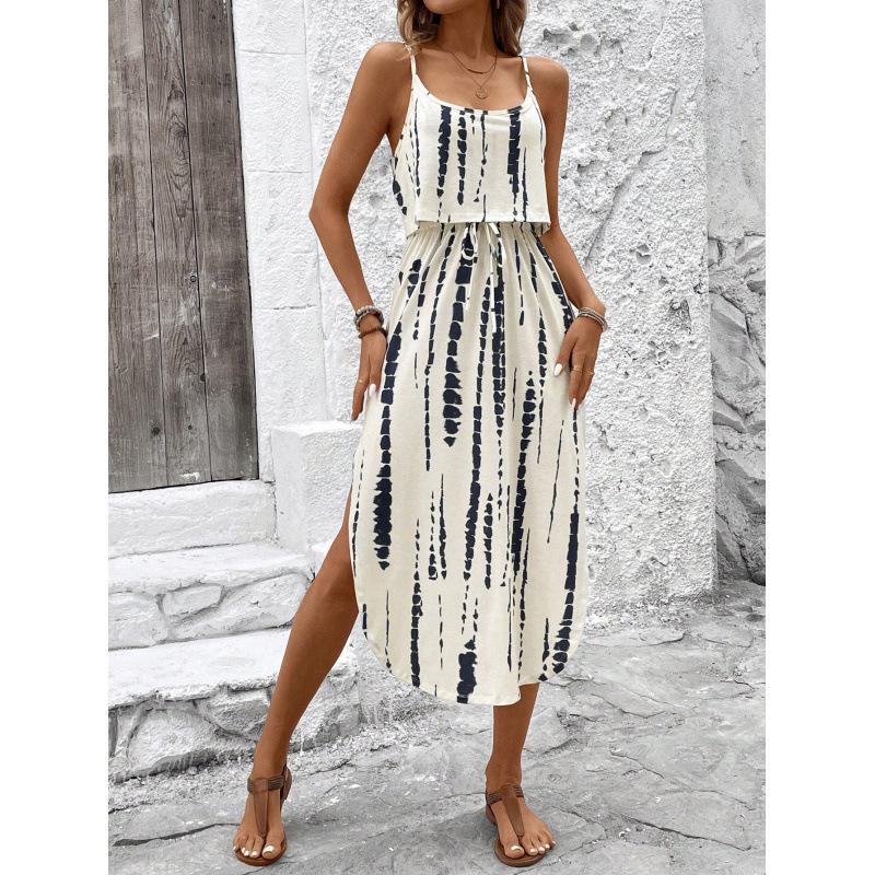 Strappy Printed Dress - Elegant Ink Silk Gauze for Commute and Casual Wear