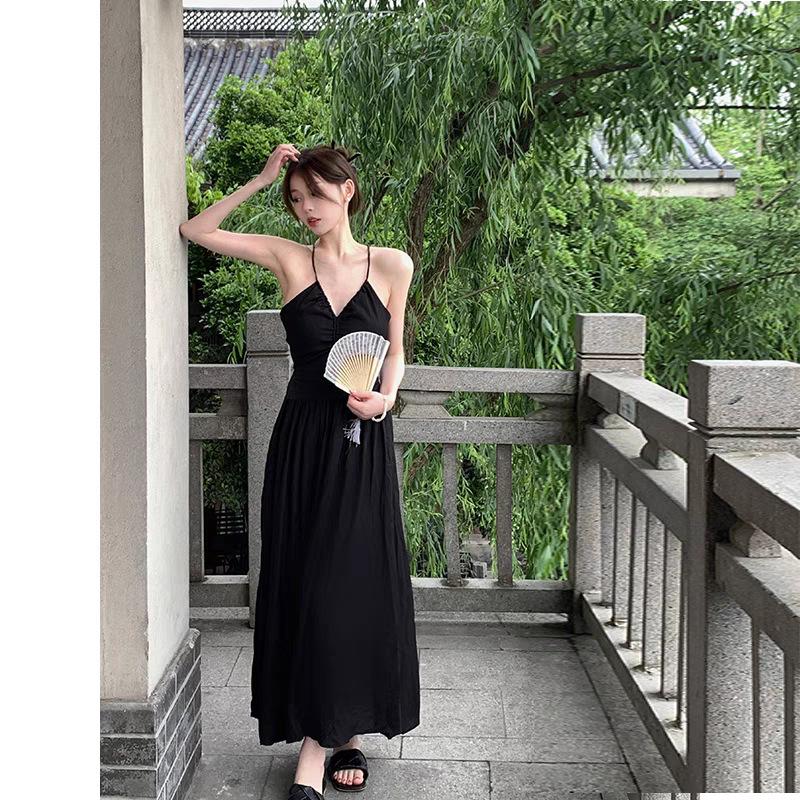 Coffee Break French Sexy Halter Floral Suspender Dress Women's Summer Sweet Spice Girls Seaside Vacation Beach Long Skirt