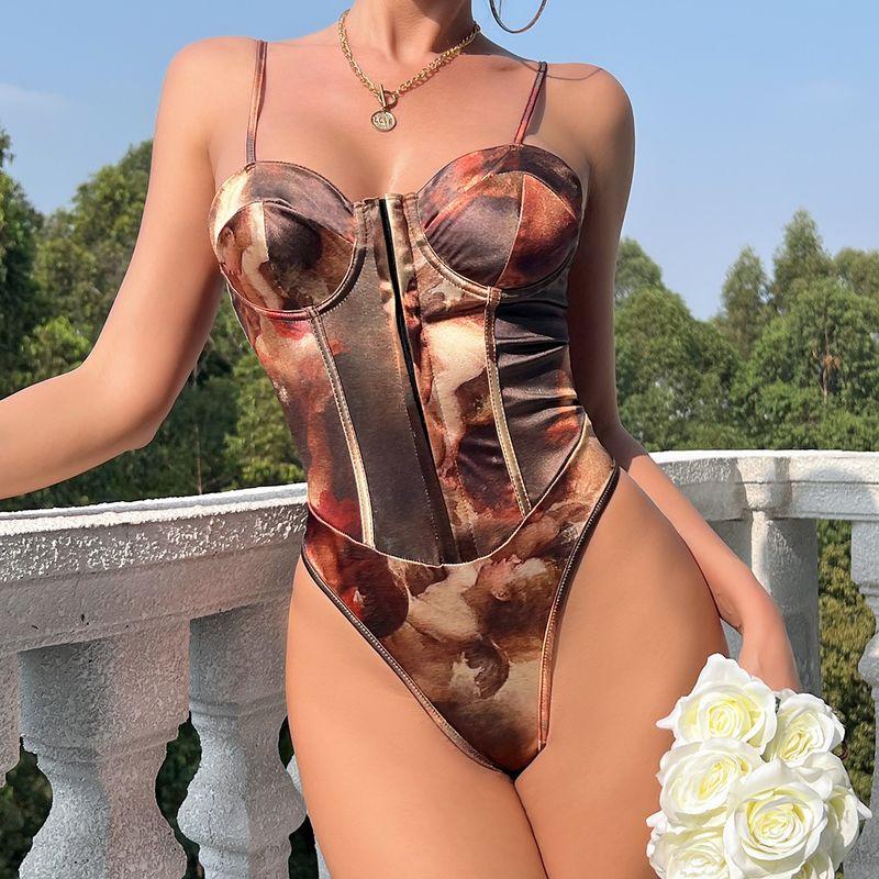 

Europe and America Cross Border Sexy Street Satin Print Sling Sexy Open Back Breasted Steel Ring Jumpsuit Brown L