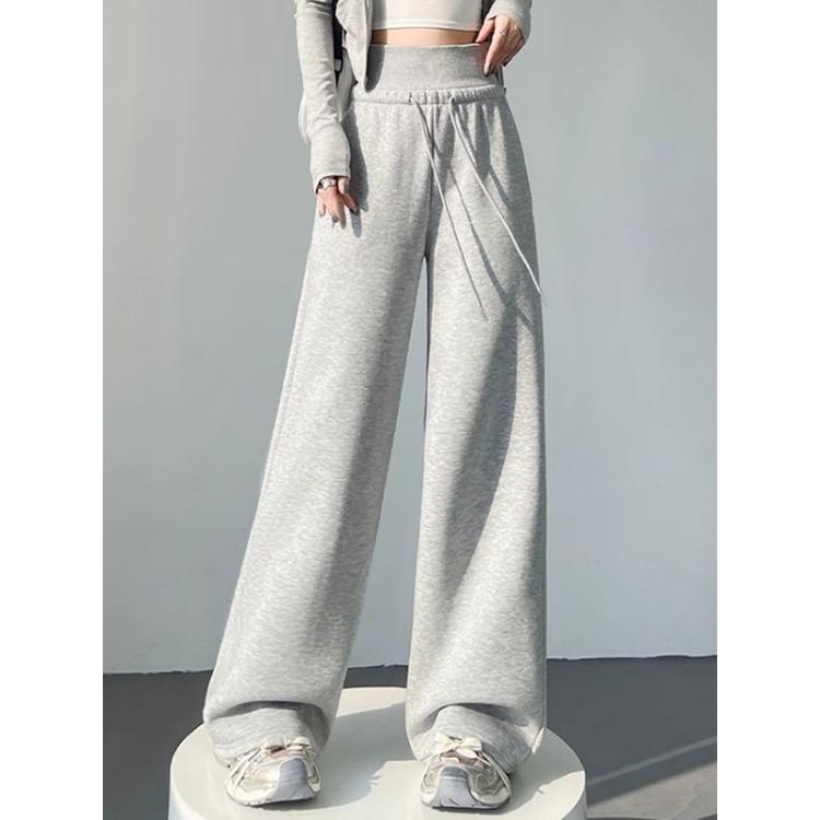 Wygodne i stylowe szare spodnie damskie w amerykańskim stylu ze sznurkiem i szerokimi nogawkami, idealne do noszenia na co dzień i do uprawiania sportu