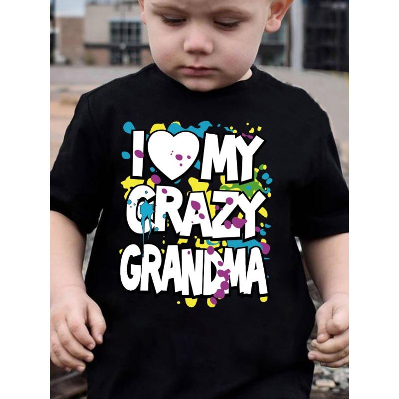European sizes Boys' Neon Green "I Love My Crazy Grandma" Graphic T-Shirt - Summer Casual Short Sleeve Tee with Heart & Splatter Design