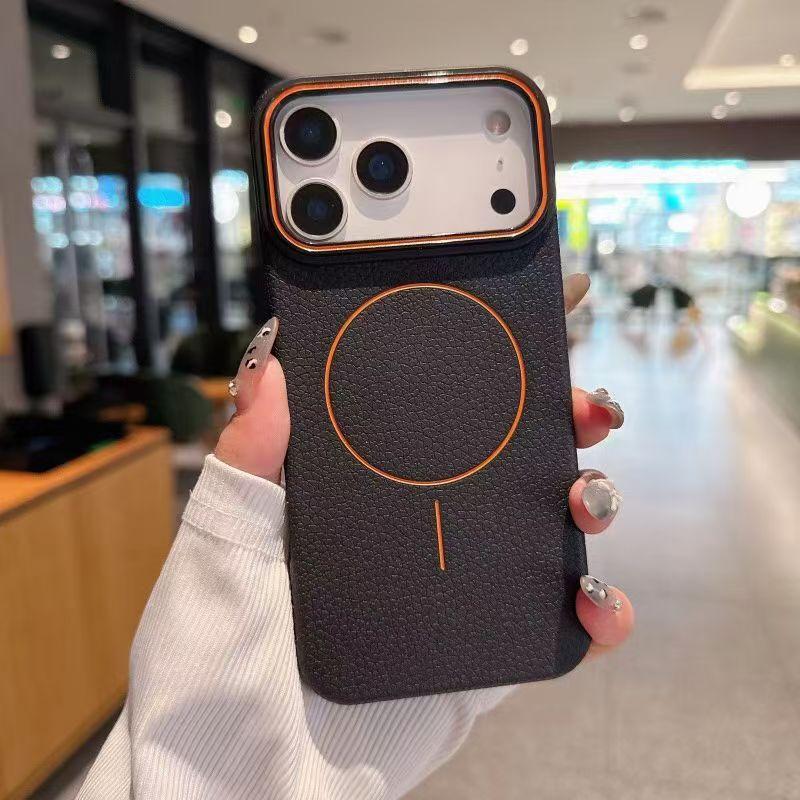 Apple 17promax thin ring magnetic mobile phone case iPhone16 large hole 15 lychee pattern 14 anti-drop 13 protective case