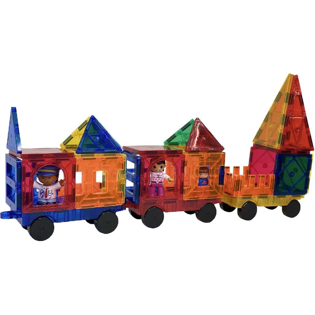 Mag-Genius Magnet Tiles Car Set - Building Tile Toy Add On With Car, Truck, Train - Red/Blue, 2 Piece