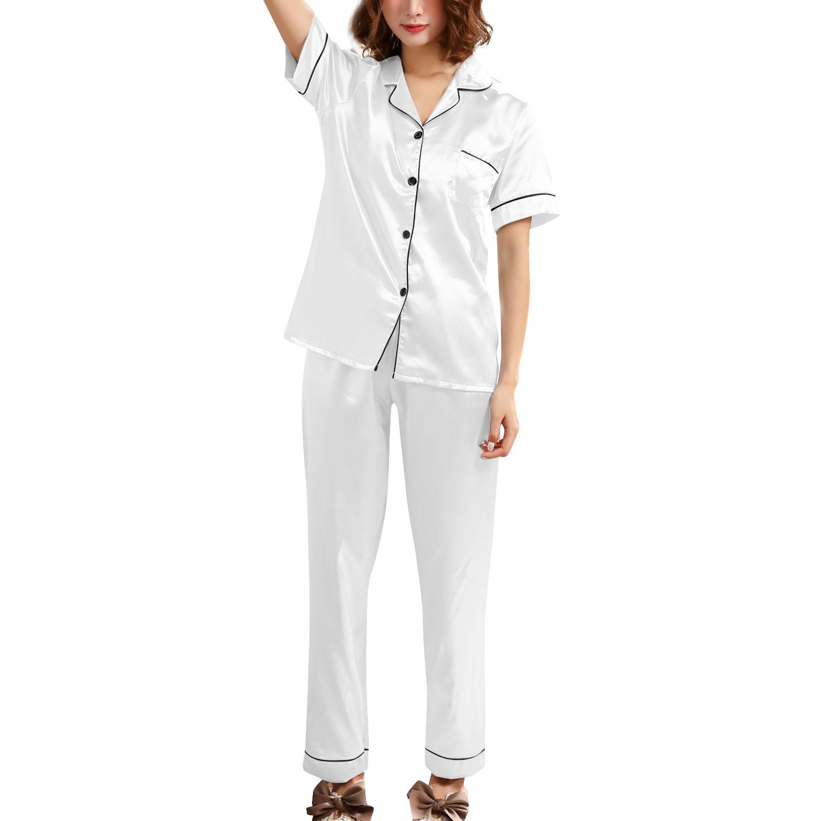 

Женские пижамные комплекты, одежда для сна с короткими рукавами и пуговицами, одежда для сна с лацканами, мягкие комплекты XL белый