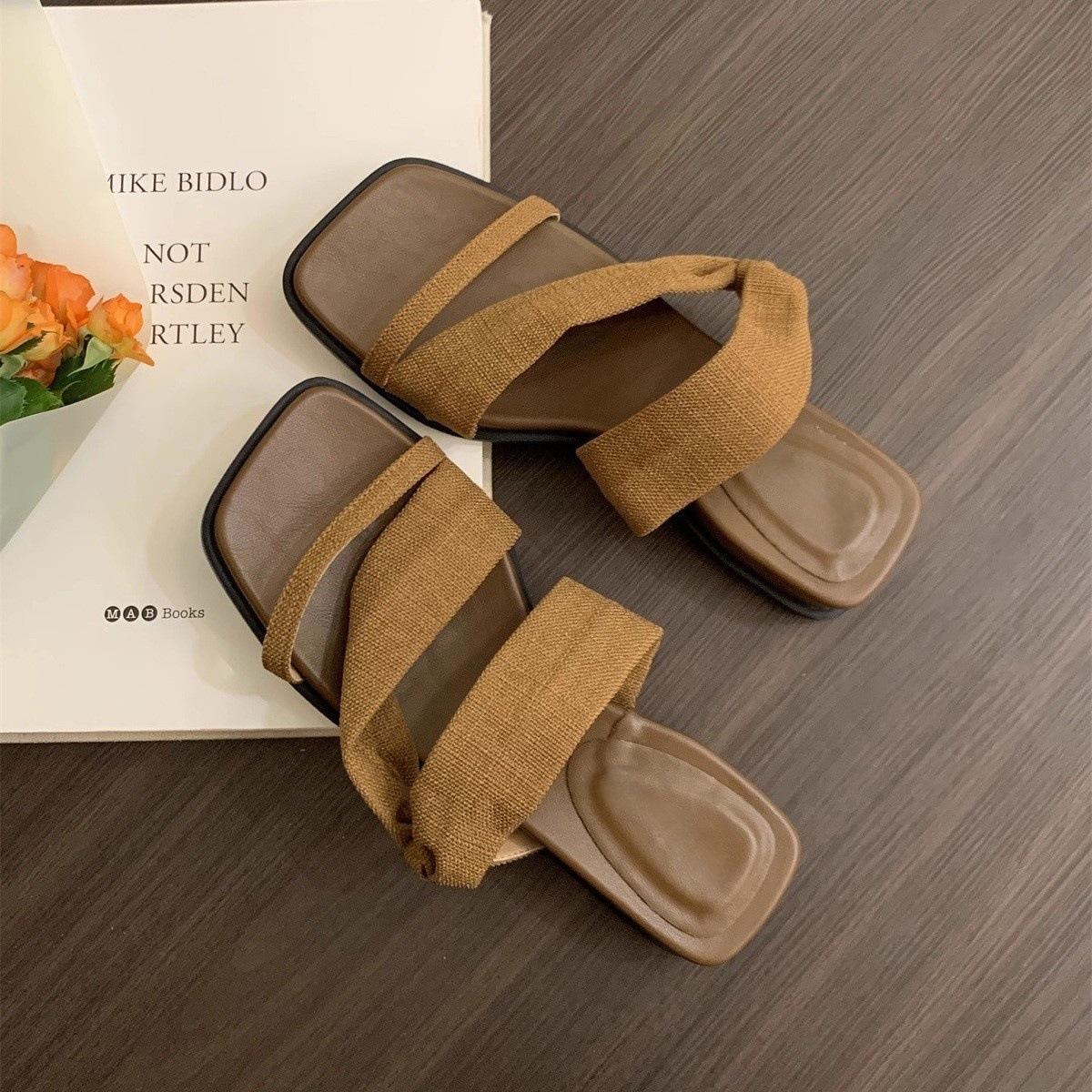 

Holiday style linen slope heel slippers female outer wear summer new retro fairy with skirt thick bottom one word cool slippers 40