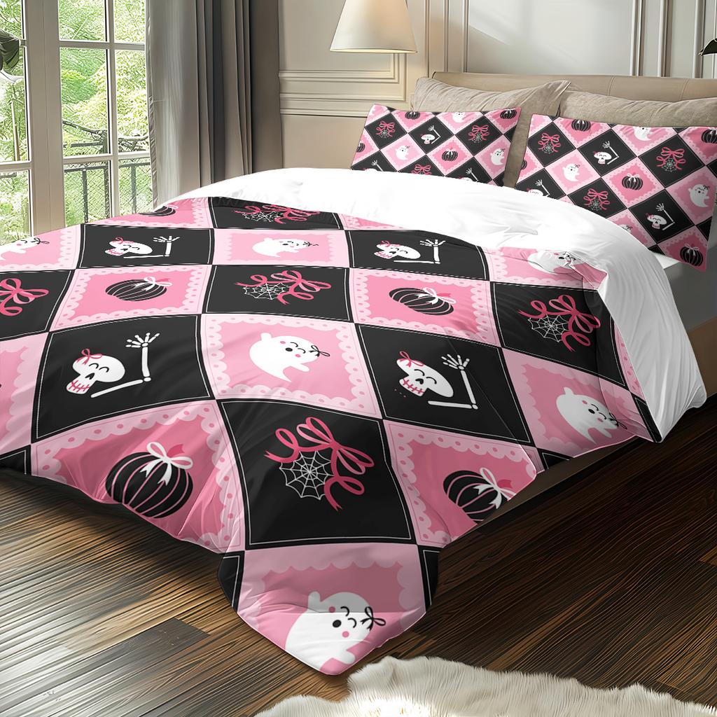 3-piece Halloween Cute Ghost, Bow Pattern, 1 Quilt Cover+2 Pillowcases, Core Free, Soft and Comfortable Quilt Cover Set