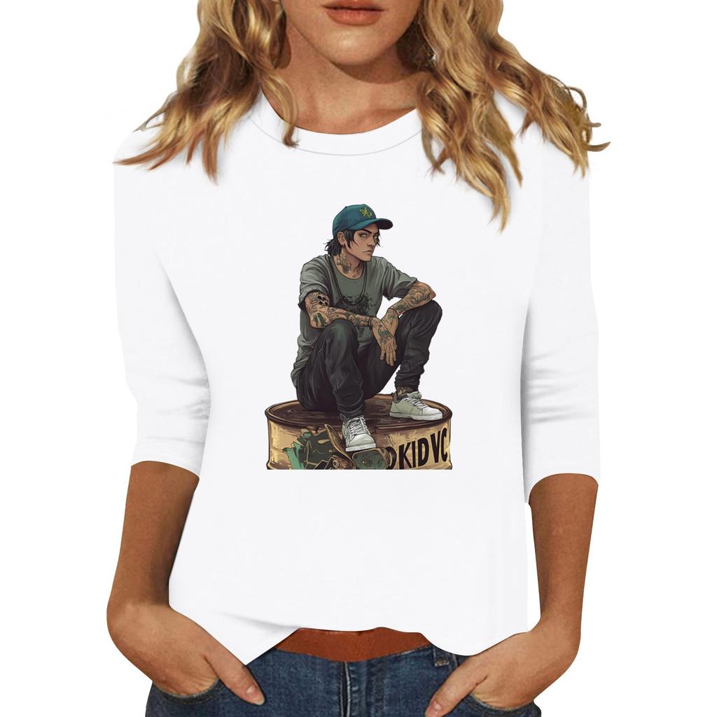 Women's Fashion Casual 3/4 Sleeve Street Print Round Neck Pullover Top