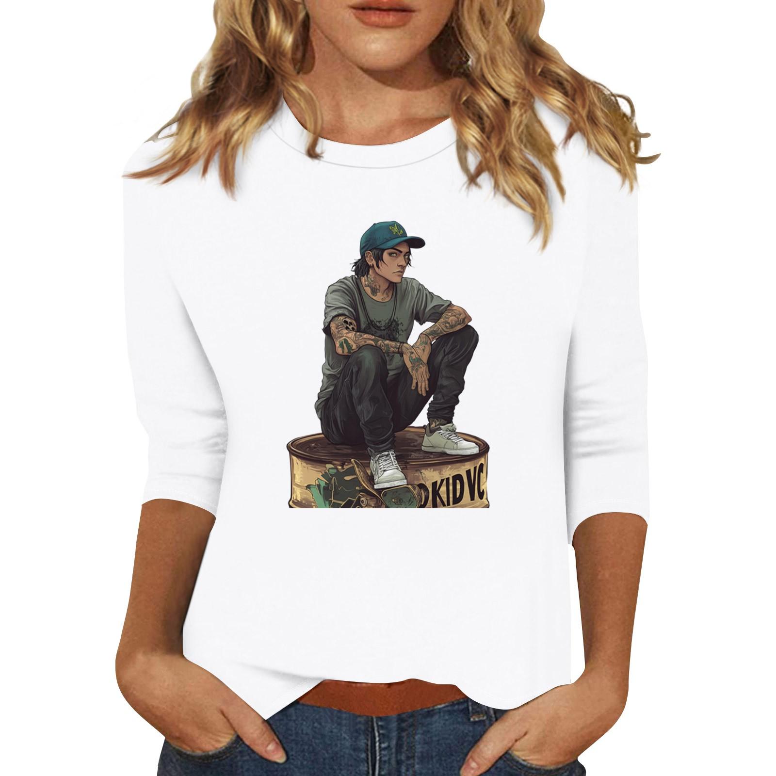 

Женская мода повседневная 3/4 рукав уличный принт круглый вырез пуловер топ L белый