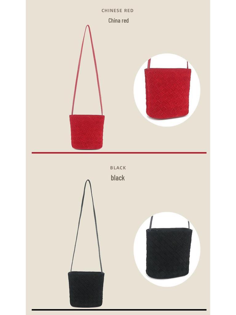 Women's Genuine Leather Woven Crossbody Bucket Bag