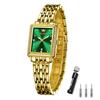 Women's Square Watch Gold Waterproof Quartz Analog Wristwatch with Date Green Dial Lightweight Metal Band
