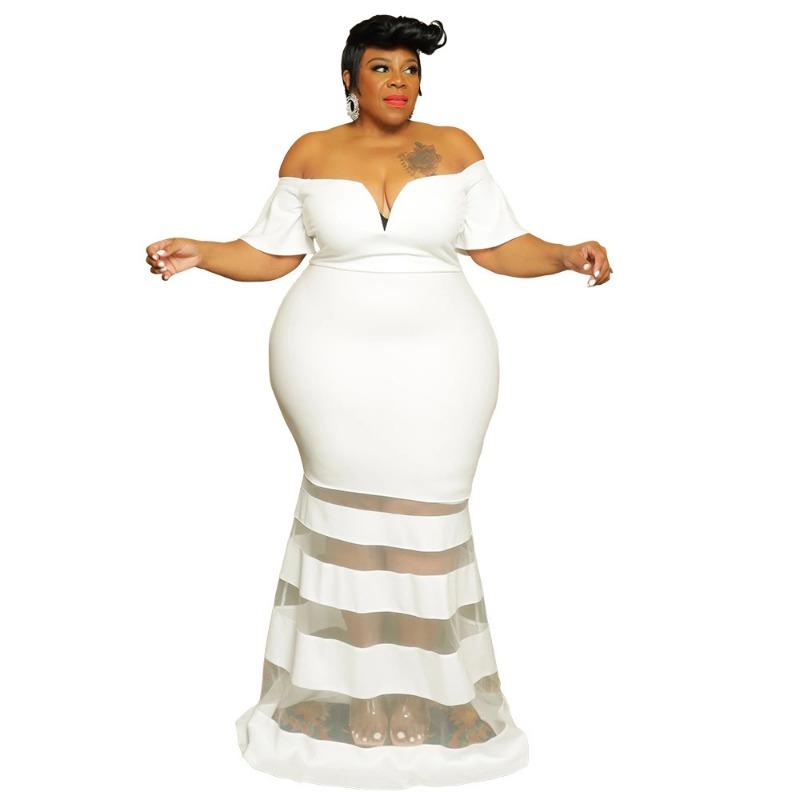 Plus Size Black Off Shoulder Ruffle Mesh Insert Bodycon Maxi Dress
