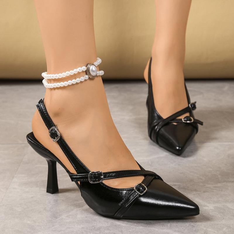 FemaleStrap Pumps Footwear Women Medium Heels Sandal 2025 Fashion Shallow Pointed Toe Ladies Heels Shoes