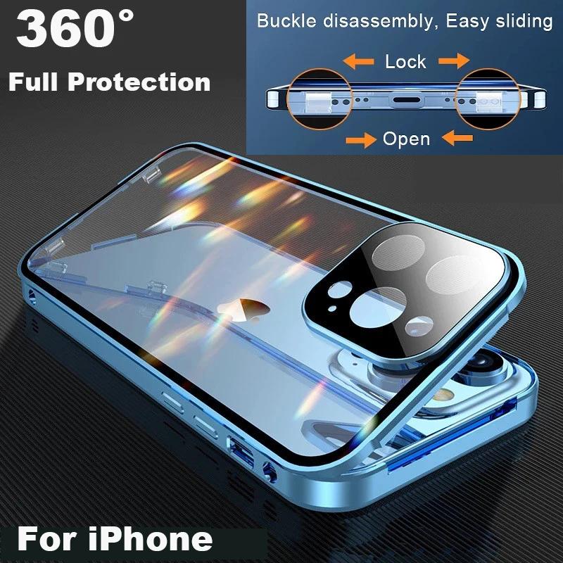 Przezroczyste Metalowe Magnetyczne Dwustronne Szklane Etui z Naciskiem 360° Pełna Ochrona dla iPhone 16e 16 Pro Max 14 13 12 15 Pro Max