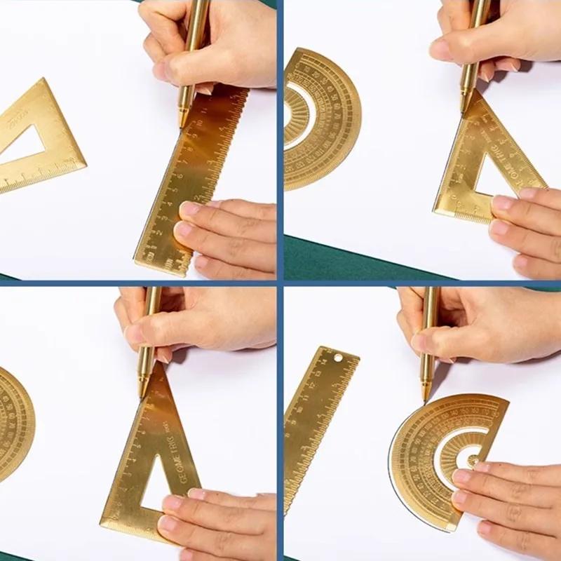 Metal Brass Straight Ruler Vintage Triangle Protractor Measuring Tool Kawaii Painting Drafting Supplies Korean Stationery Office