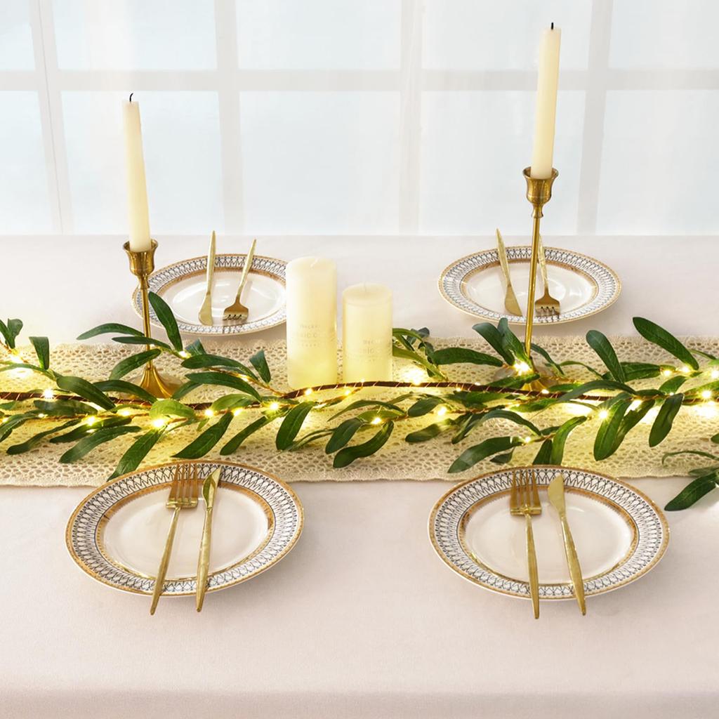 Christmas Lighted Twig Eucalyptus Garland / Olive Garland, Artificial Christmas Greenery Pre-lit Twig Decor for Mantle Fireplace