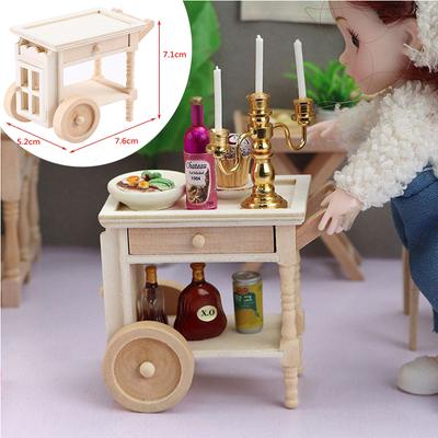 Trolley Dining Cart Kitchen Wooden Furniture Miniature Dollhouse Doll Decor Toy Two Layers