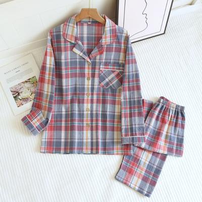 Spring / Autumn Washed Cotton Simple Pajamas Women's Long Sleeves Trousers Loungewear Lapel Loose Casual Plaid 2 Piece Set
