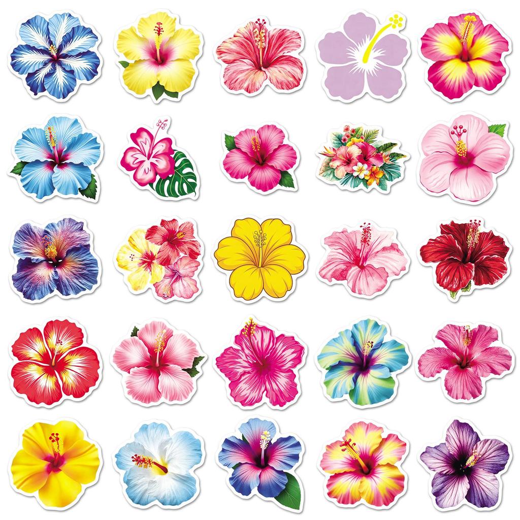 50 Tropical Hibiscus Flower Stickers - Waterproof Colorful Decorations for Water Bottles