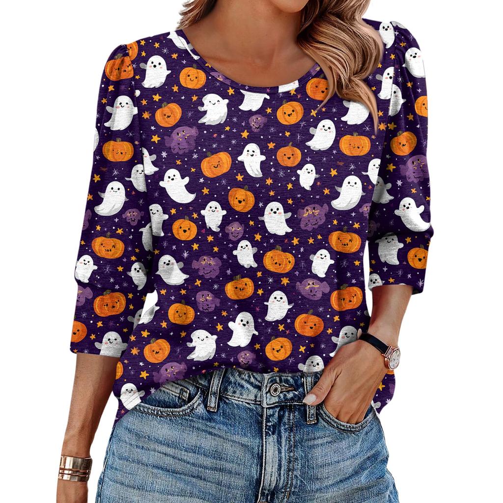 Damen Modisches Lässiges Rundhals Siebenviertelärmel Halloween Bedrucktes Puffärmel Oberteil