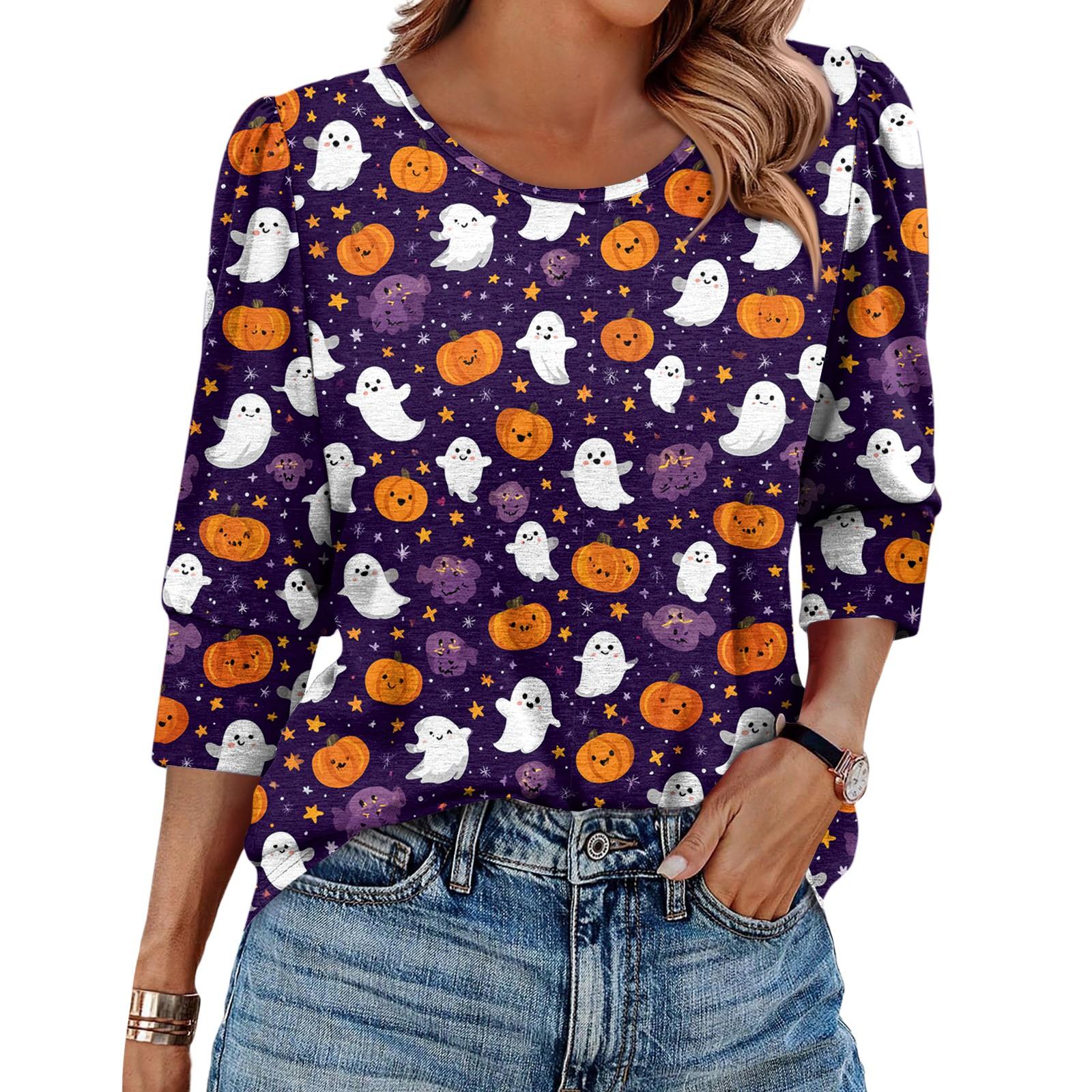 

Женская модная повседневная футболка с круглым вырезом, рукавом три четверти и принтом на Хэллоуин L