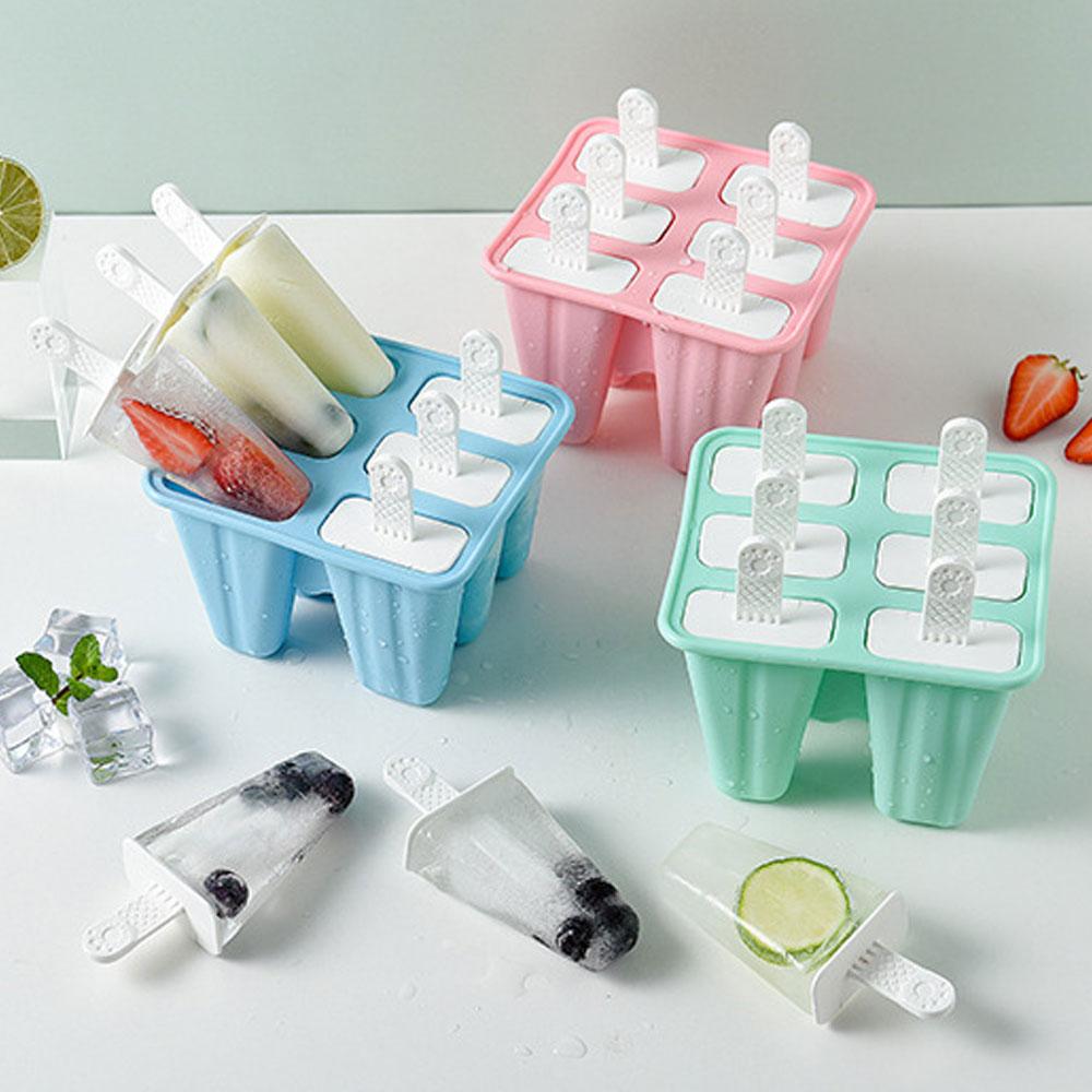 Silicone Ice Cream Mould Block 6 Cavity Frozen Molds Icy Pole Jelly Popsicle Mold with Reuseable Sticks Kitchen Accessories