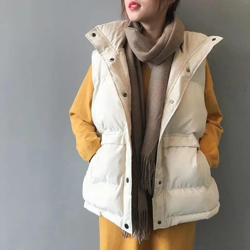 Off White Daunen-Baumwollweste für Damen, kurz, Stehkragen, ärmellos, warm, locker, einfarbig, einfach, lässig, Pendeln, Herbst und Winter