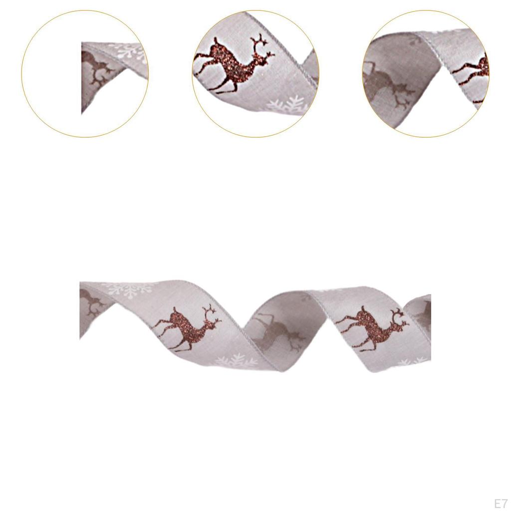 Christmas Ribbon Tree Decor Printed Wired Glitter Reindeer Decorative Linen