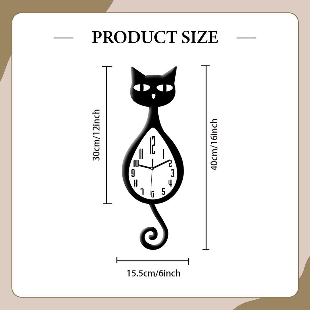 Cat Shaped Wall Clock Decorative,Easy Install,Indoor Decor,Adorable Hanging Clock Silent Movement for Bedroom Children Room Cafe