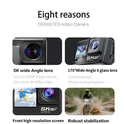 Cámara de acción antivibración 5K Wifi 60Fps Pantalla dual Gran angular 30M Cámara deportiva impermeable con control remoto