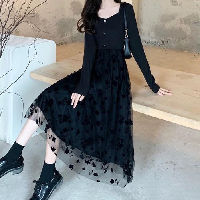 spring autumn Mesh splicing black bodycon Dress korean elegant square neck long Sleeve loose Ladies dresses Women party vestidos