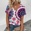 Summer Fashion Loose Casual Women's V-neck Top Green Floral Print Vintage Short Sleeve Personalized Plus Size T-shirt