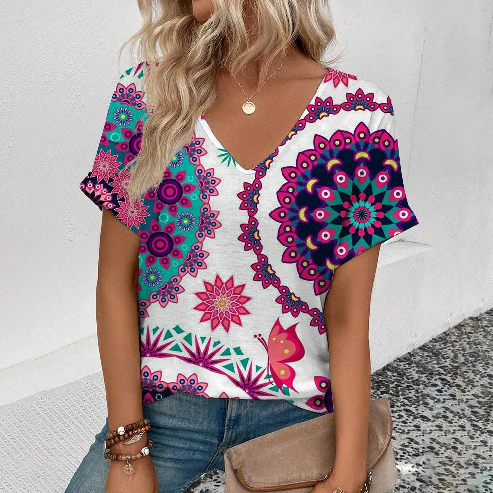 Summer Fashion Loose Casual Women's V-neck Top Green Floral Print Vintage Short Sleeve Personalized Plus Size T-shirt