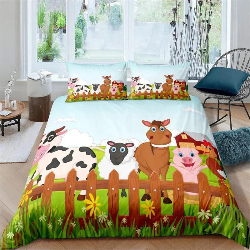 Farm Animal Duvet Cover Kawaii Pig Bedding Set Polyester Pigs Floral Comforter Cover Twin King For Teen Boy Girl Gift Room Decor