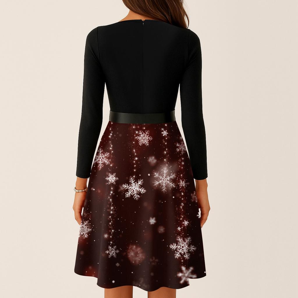 Women's Casual Fashion V-neck Long Sleeved Retro Christmas Print Retro Dress