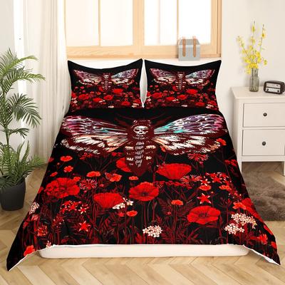 Totenkopf-Mottenkönigin Bettbezug Gothic Zuckerschädel Bettwäsche-Set Böhmische Mohnblumen-Bettdecke Polyester Steppdeckenbezug