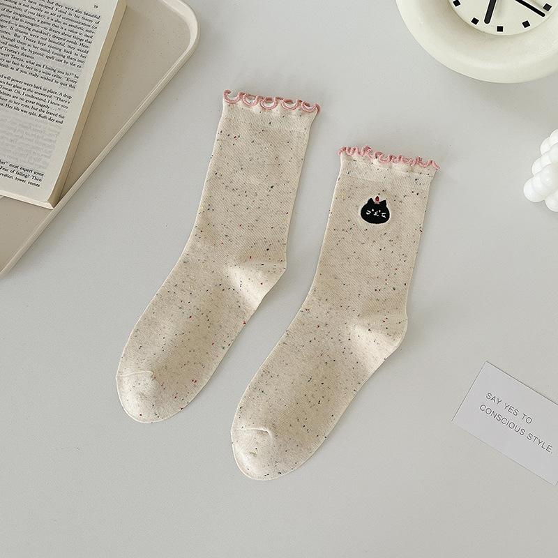 Embroidered Socks for Women, Spring and Autumn Mid-calf Socks, Black Fungus Lace Long Socks, Sweat-absorbing Pile Socks, Cute Boneless Socks