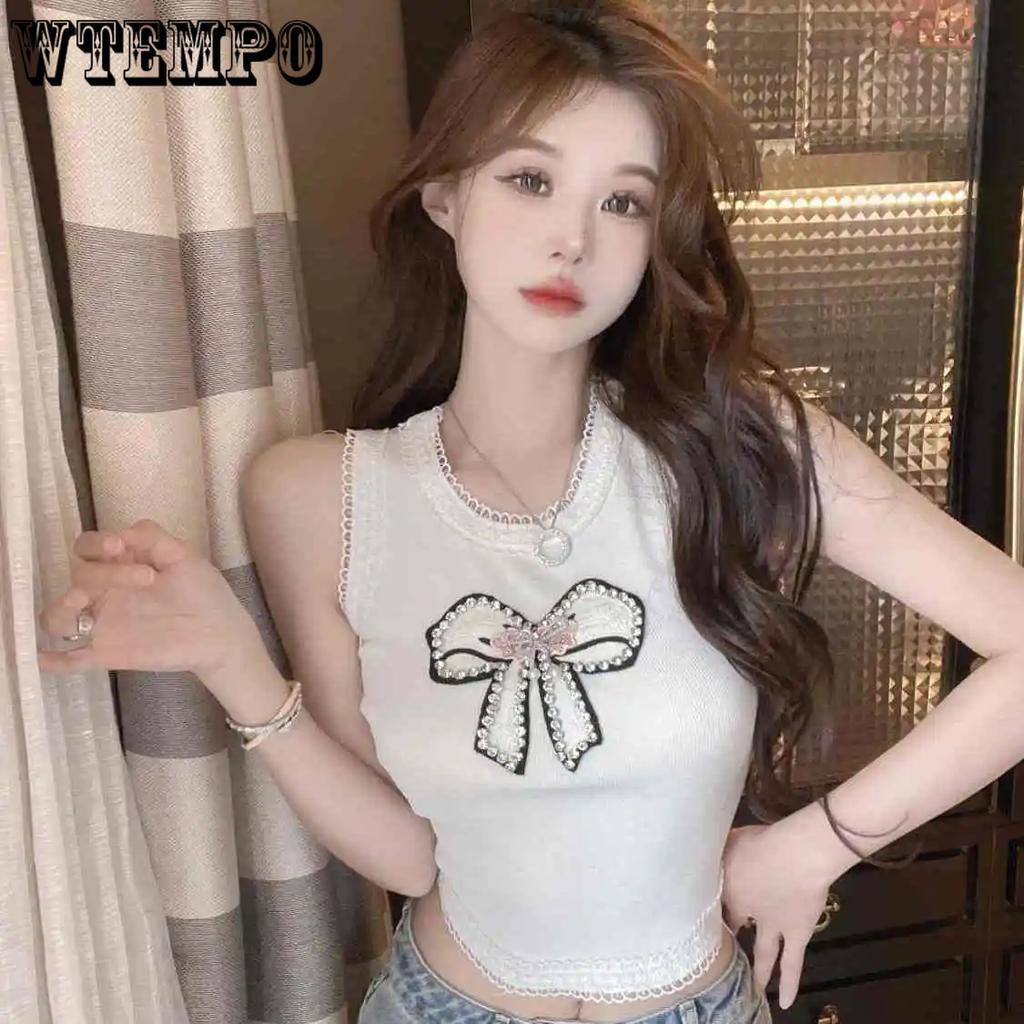 WTEMPO Elegante bestickte Schleife Strass Tanktops Damen Frühling Sommer Übergröße Schwarz Weiß Ärmellose Tops