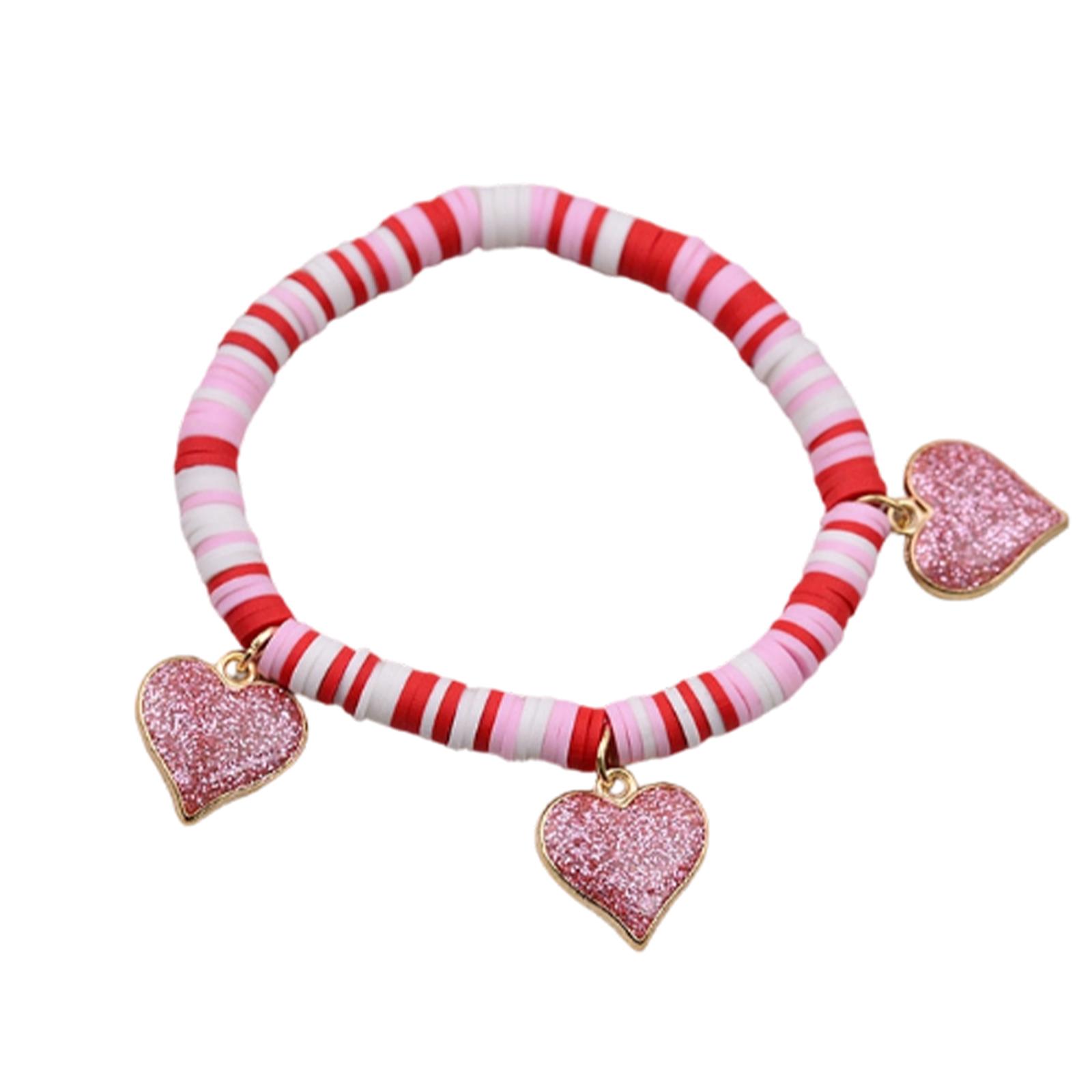 Polymer Clay Heart Charm Bracelet Glitter Heart Pendant Stretch Beaded Bracelet for Women Girls Adjustable Size One Size