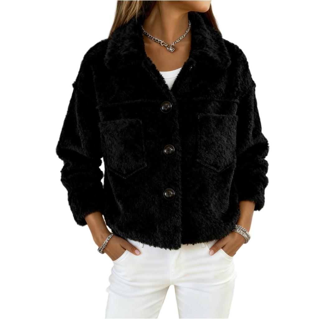 Women's Fashionable Solid Color Long Sleeved Pocket Plush Warm And Loose Casual Short Jacket