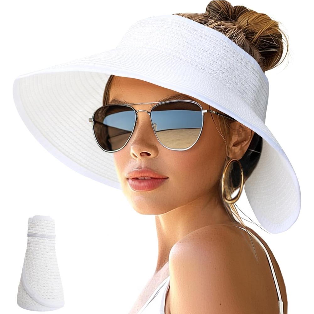 Women'S Sun Hats with Wide Brim, Roll-Up Design for Beach, Ponytail-Friendly, Packable And Foldable Straw Visor for Travel