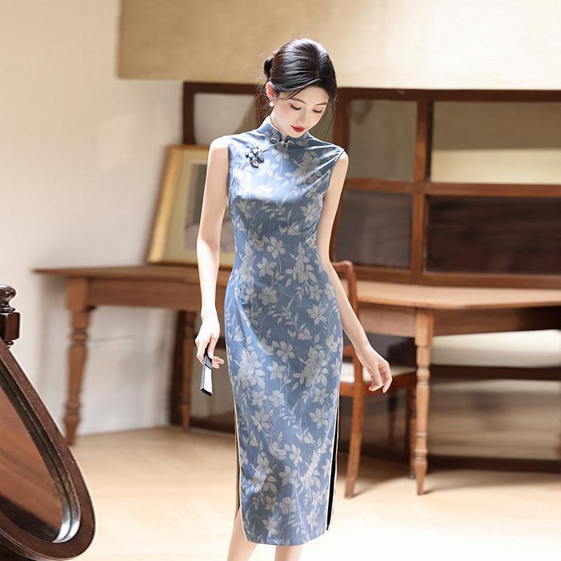 Blau ärmellos nationaler Stil neu Chinesisch täglich Suzhou langer Cheongsam verbessert jung 1011 neu Damen hoher Sinn