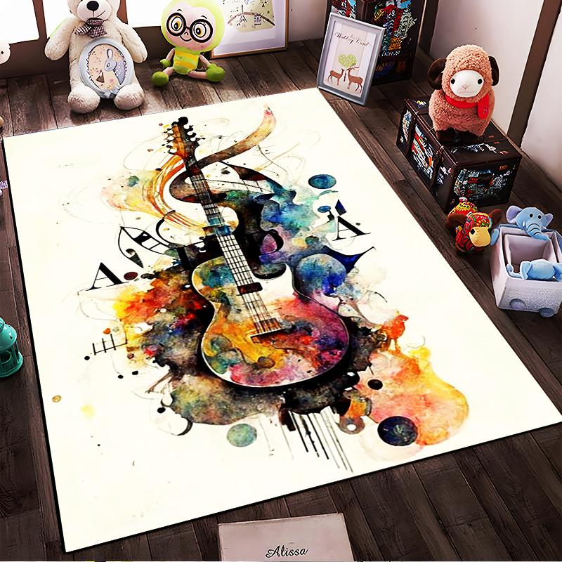 Colorful Artistic Guitar Watercolor Pattern Abstract Music Carpet Design Suitable for Use As an Anti-slip for Living Room Bedroom Sofas