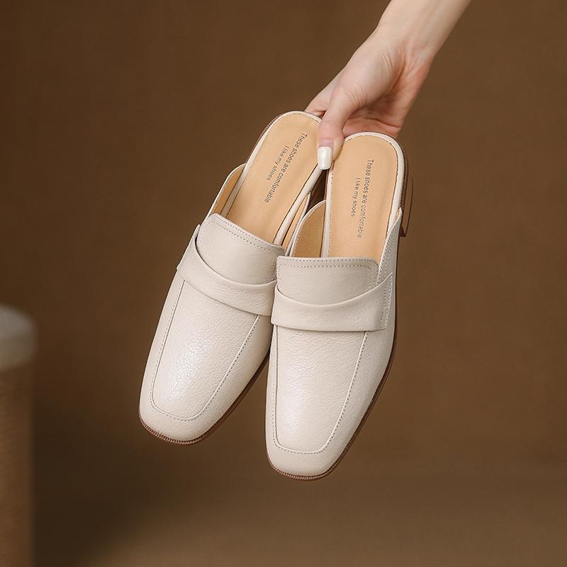Fashion 2025 Summer Covered Toe Genuine Leather Slippers Women Thick Heels Casual Mules Summer Daily Walk Sheepskin Leather Slippers