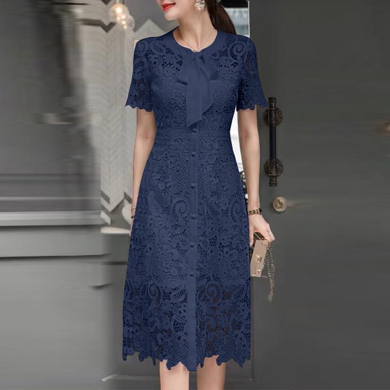 

ZANZEA Женское летнее повседневное кружевное платье с коротким рукавом и круглым вырезом в технике пэчворк темно-синий