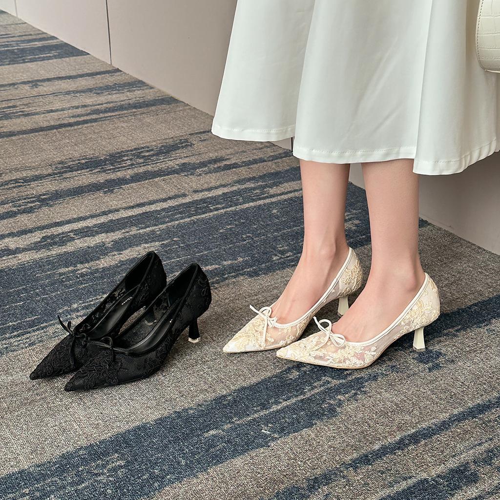 879-6 French temperament lace pointed high heels spring bow mesh stiletto banquet women's shoes bride shoes
