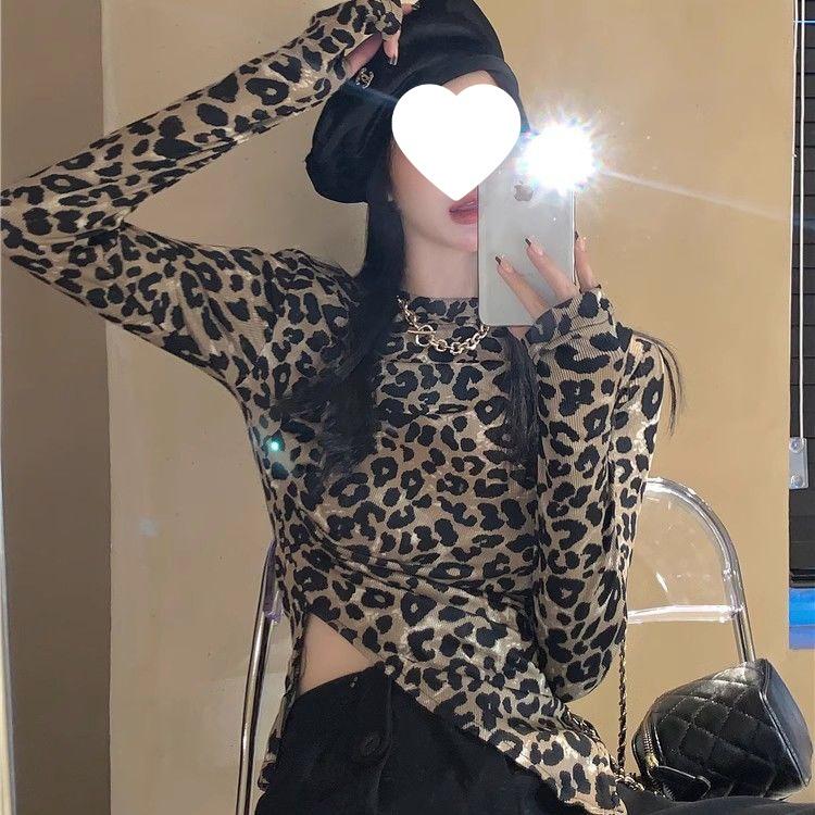 

Leopard Print Irregular Long Sleeve Slimming Top for Women S (70-95 lbs)
