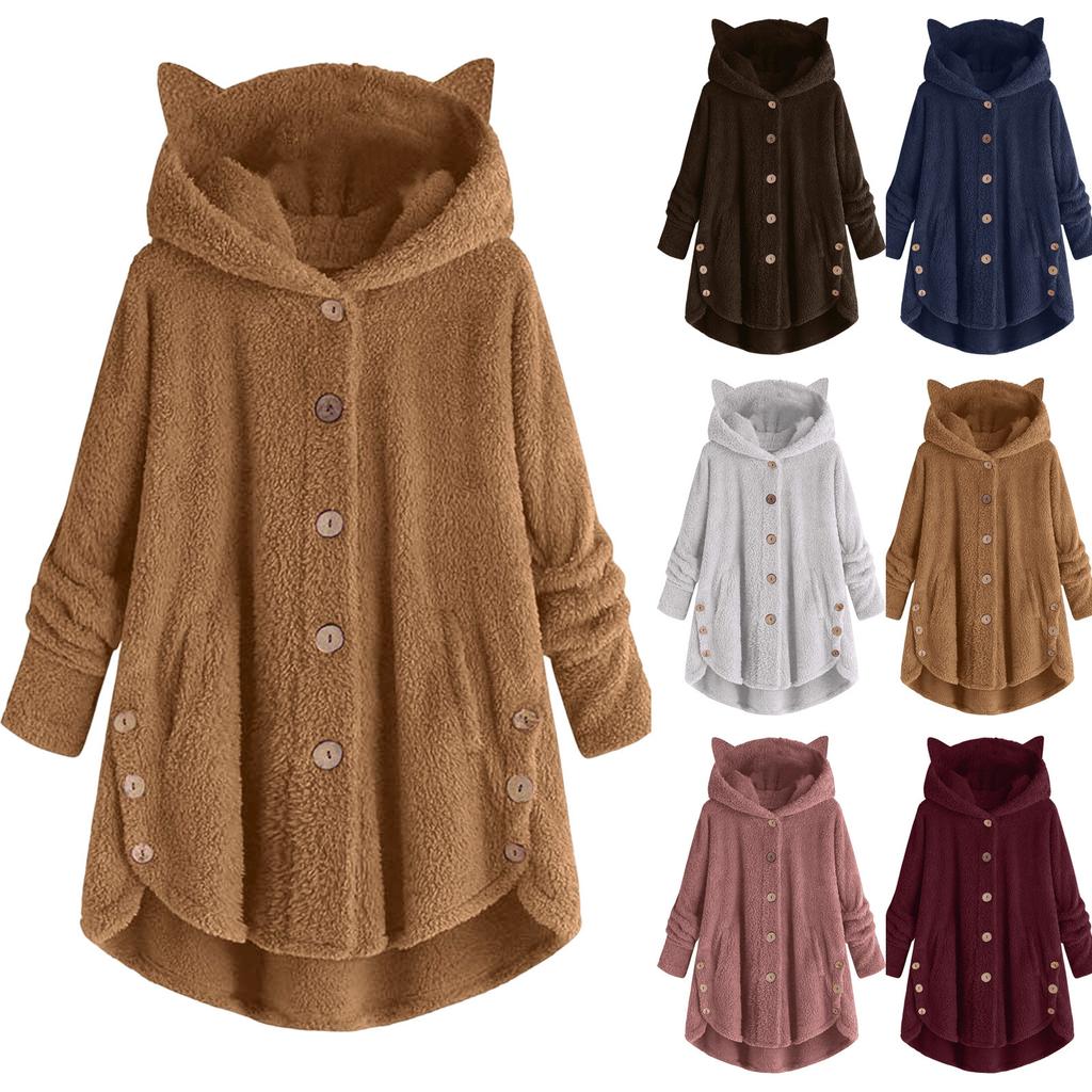 Women's Hooded Fleece Coat with Cats Ears Irregular Hem Buttons Fleece Sports Christmas Gift Cute Winter