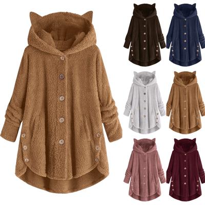 Women's Hooded Fleece Coat with Cats Ears Irregular Hem Buttons Fleece Sports Christmas Gift Cute Winter