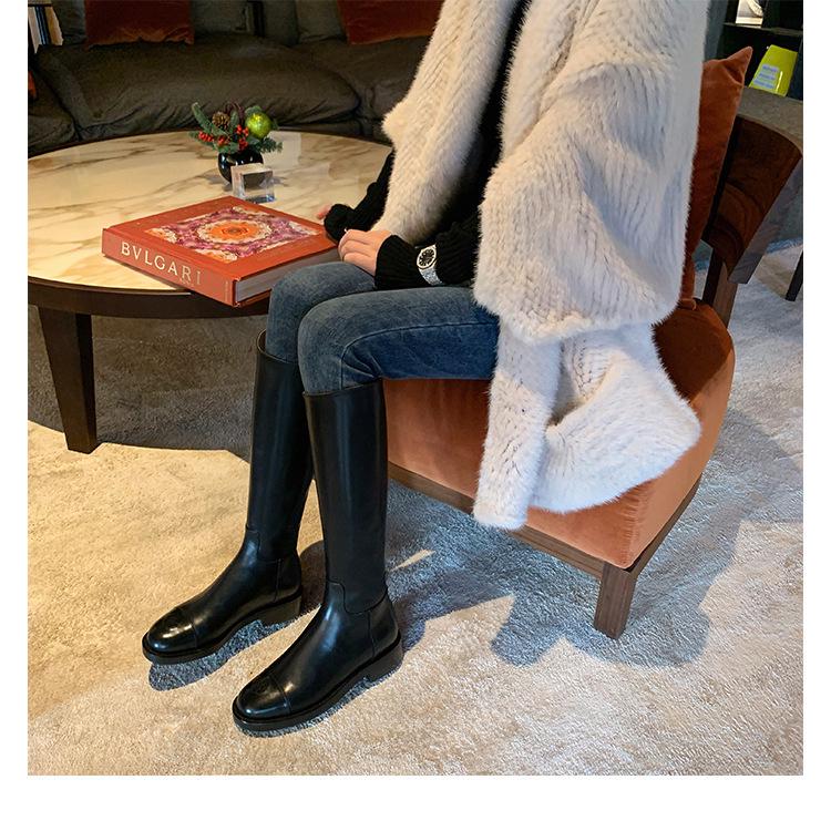 Bottes d'équitation hautes jusqu'au genou en cuir véritable pour femme, bout rond, avec broderie camélia en cuir de vachette